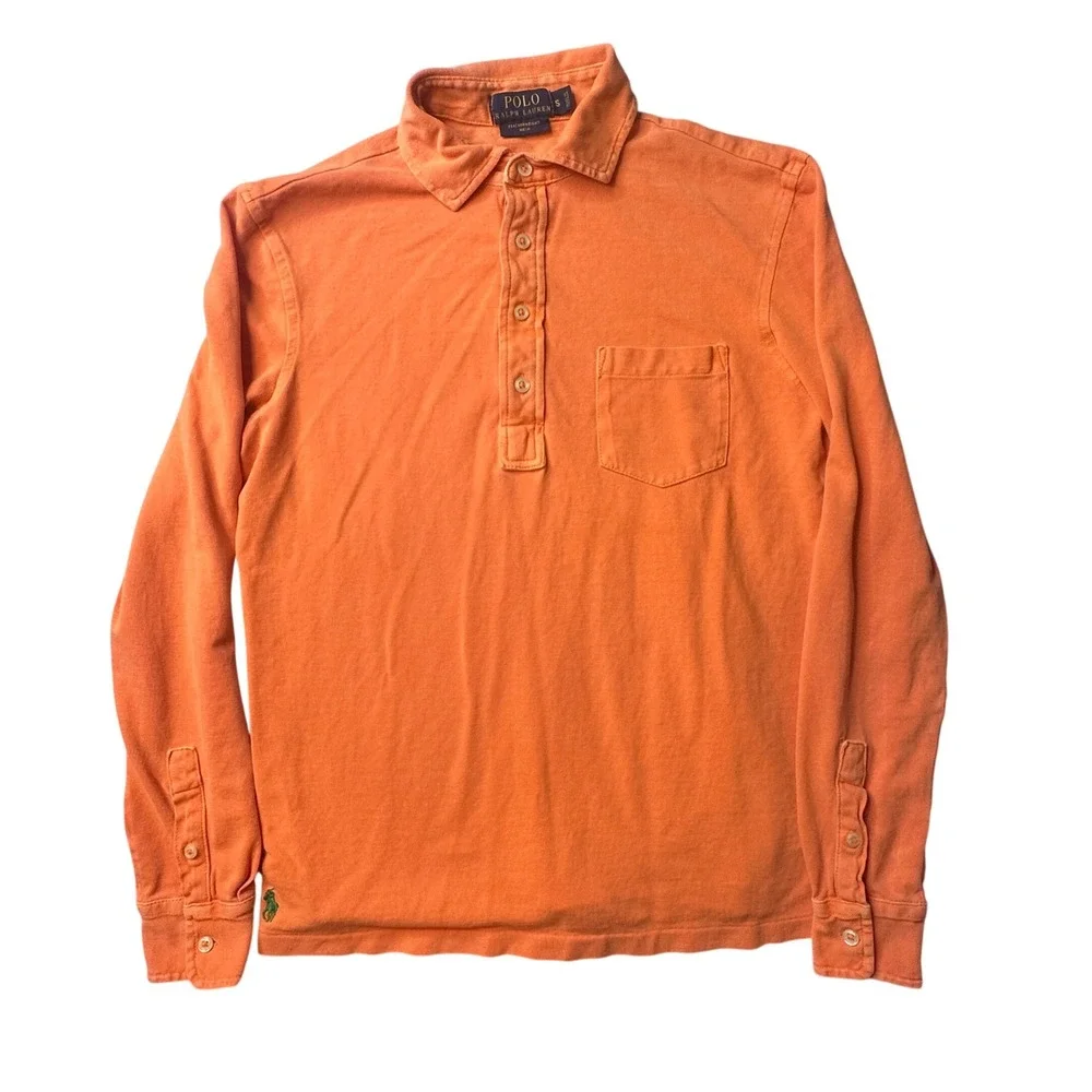 Polo Ralph Lauren Polo Shirt Mens S Orange Featherweight Mesh Long Sleeve Pocket
